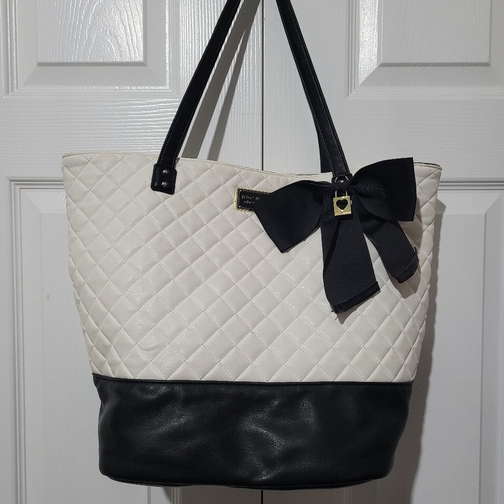 Betsey Johnson White and Black Large Faux Leather Tote Handbag Purse